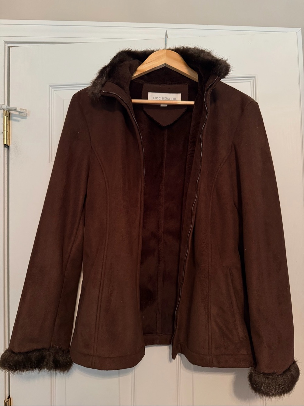 Liz Claiborne Brown faux suede jacket with faux fur collar and cuffs